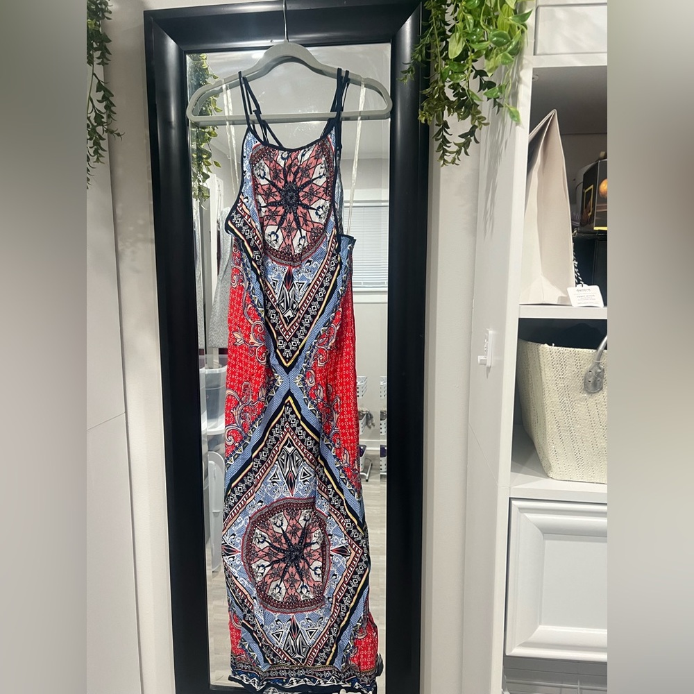 Jealous Tomato Red and Blue Patterned Maxi Dress